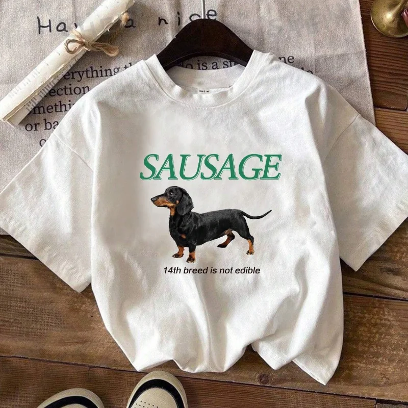 Korean Fashion Kawaii Sausage Dog Print T Shirt Women Oversized Streetwear Tops Cute Funny T-Shirts Y2k Aesthetic Tees Clothes