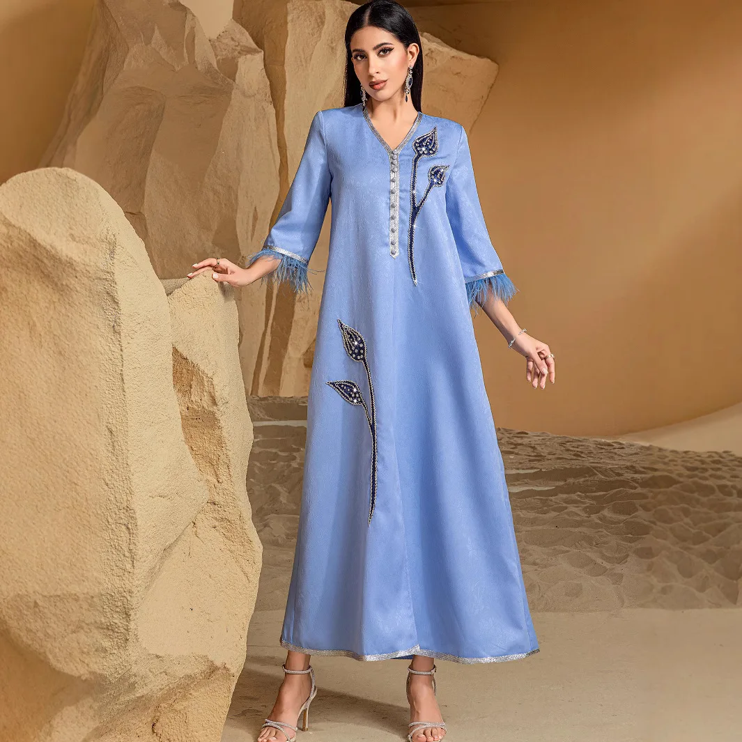 

Ba3025 Women's Embroidered Silver Feather Trim Robe Jalibaya Dress Long Dress Robe Abaya Ramadan Dubai Luxury Islam Elegant