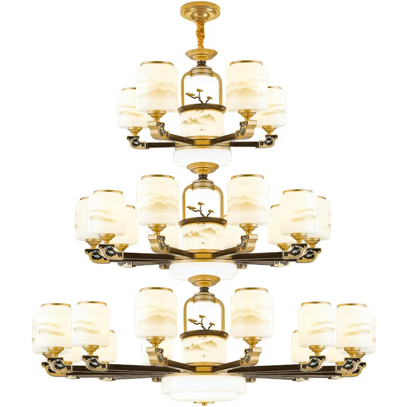 

Duplex building, living room, new Chinese style, all copper, chandelier, dining room, study, zen, Chinese style