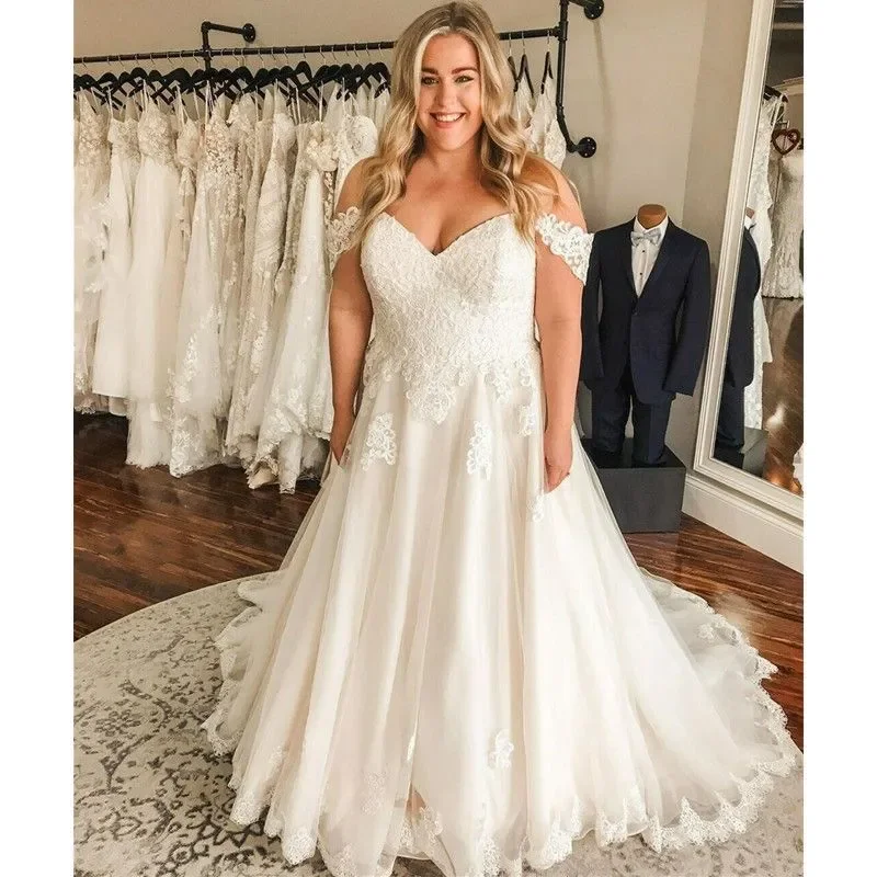 A Line Wedding Dresses Bohemian Beach Boho Sweetheart Off Shoulder Lace Appliques Tulle Sweep Train Plus Size Bridal Gowns