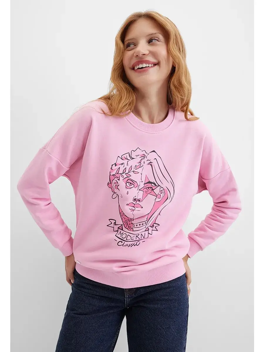 Urocze bluzy w stylu francuskim z różowym nadrukiem, eleganckie damskie bluzy streetwearowe z okrągłym dekoltem, oversize, modne jesienne bluzy z długim rękawem.