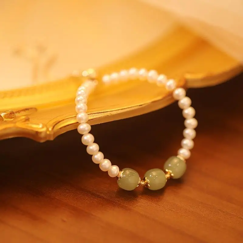 

Freshwater Pearl and Hetian Jade Bracelet for Women, Fashionable Adjustable Pull Design Beaded Hetian Jade Pearl Bracelet for Wo