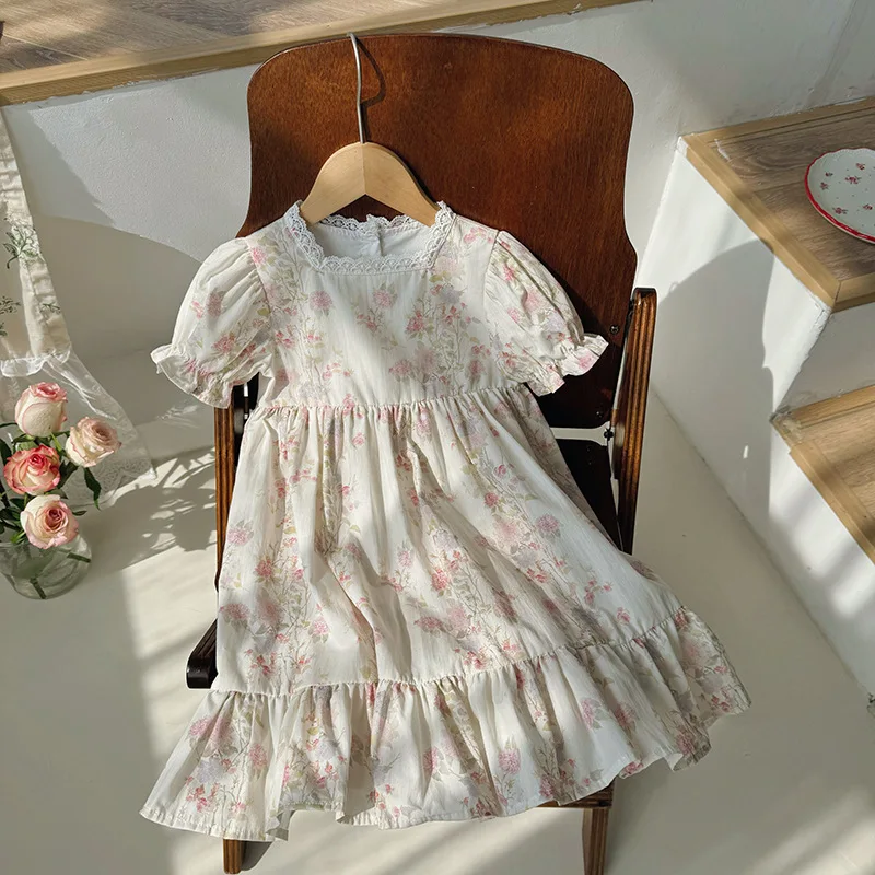 Floral Square Neck Girl's Dress French Gentle Style Summer Lace Short Sleeved Children's Cake Princess Dress Children's Clothing 2
