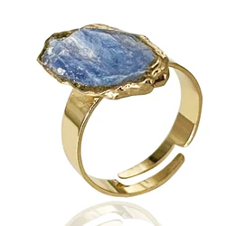 Raw Blue Kyanite Open Ring Gold Color Irregular Rough Stone Handmade Healing Crystal Finger Jewelry Resizable