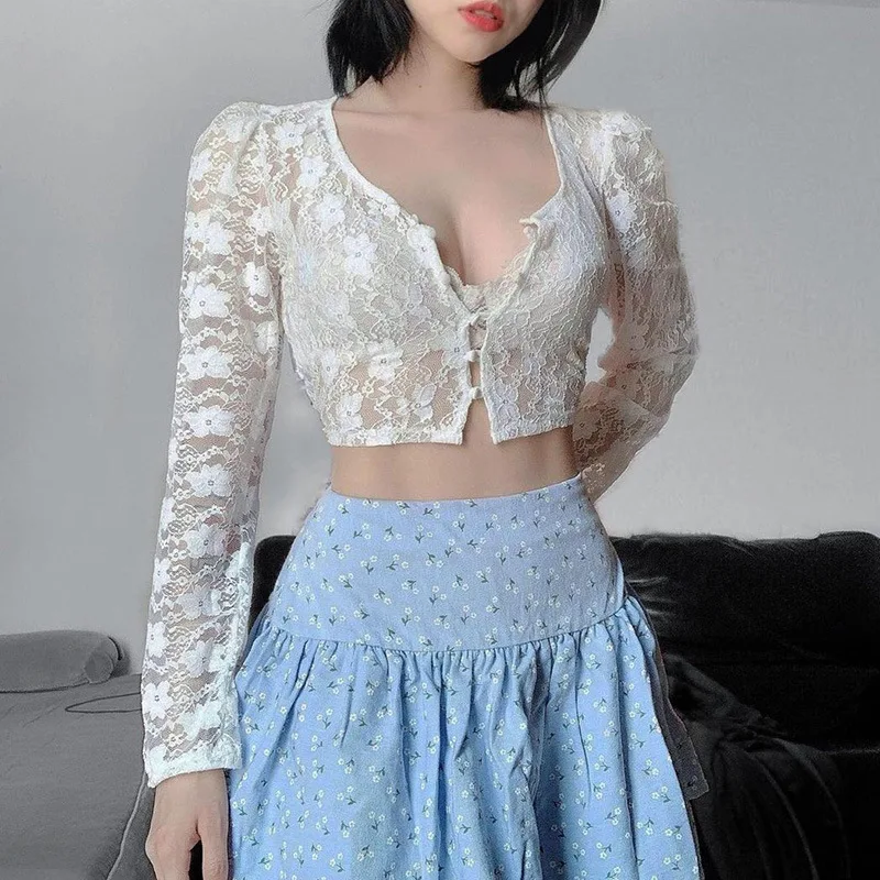 Women Sexy Lace Floral See-Through Crop Top V Neck Long Sleeve Cardigan Spring Summer Button Down Shirt Blouse Y2k Streetwear