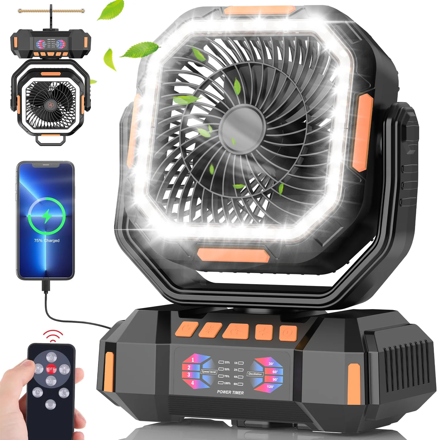 40,000 MAh Camping Fan, Equipped with LED Lights and Hooks, Can Be Remotely Controlled with 4 Adjustable Wind Speeds and Lightin