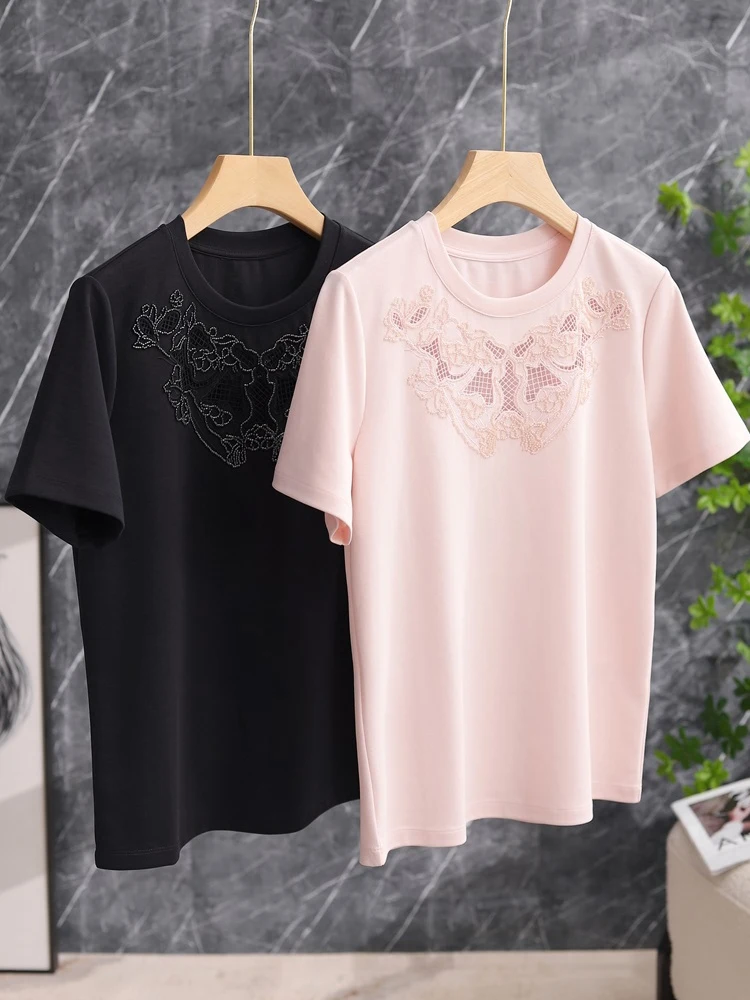

Exquisite Embroidered Pure Cotton Hollow out T-Shirt Women's Summer Top round Neck Short Sleeve Commute Style Artistic Design