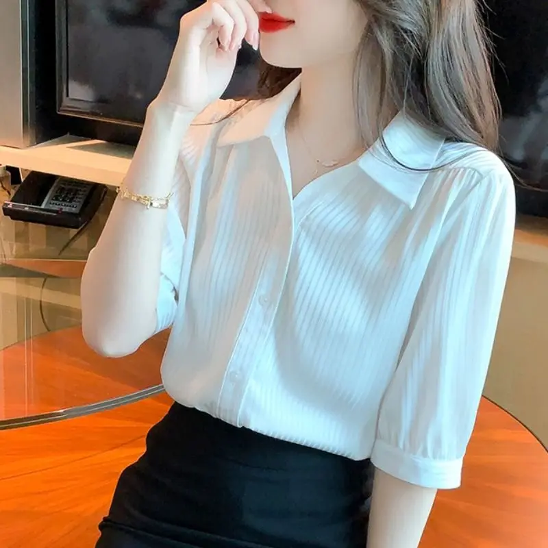 Simplicity Pure White Striped Single-breasted Blouse Women Classic Long Sleeve Office All-match Korean Lady Chiffon Shirt