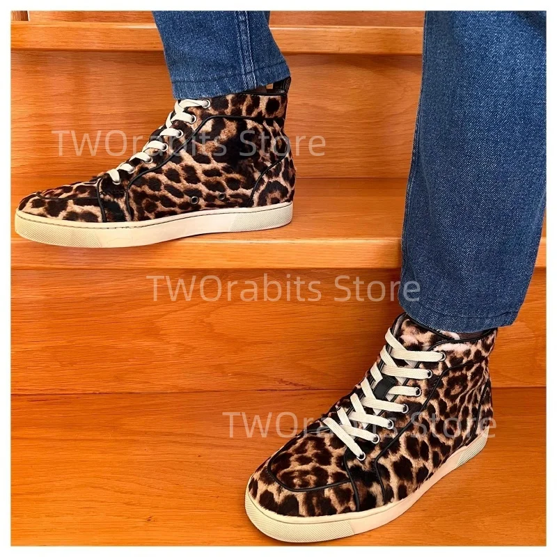 Leopard Print Hot Diamond Totem Men's Sports Shoes Bag Round Toe Flat Shoes Couple Black Suede Figure Shoes Casual Skateboard