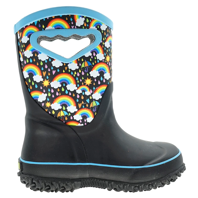 MCIKCC Black-Blue Stitching Rainbow Printed Waterproof Rubber Insulated Rain Garden Snow Boots for Big Kids Toddler Boys Girls