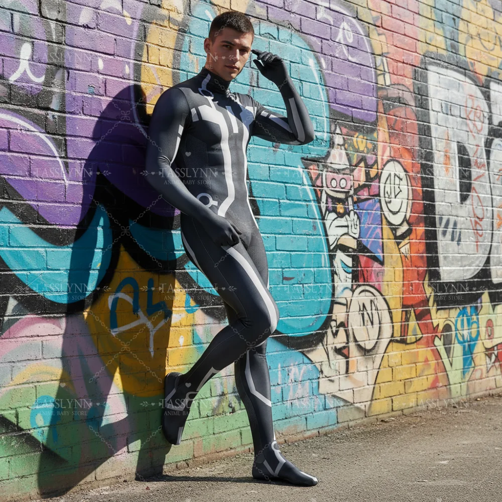 TRON Cosplay Zentai Bodysuit, Black White Circuit Line Jumpsuit, Men Sci-Fi Superhero Costume for Halloween Comic Con view 4