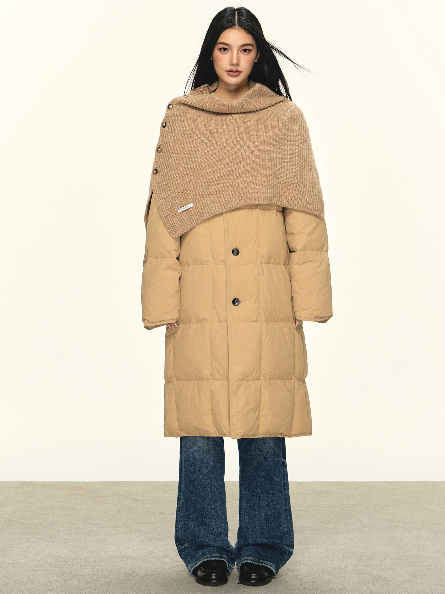 

Anna Aneae Knitted awl Collar Long down Jaet Women's Faionable Winter Coat Warm Thiened Long Sve Mid-Length