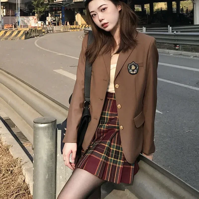 Japanese College Style Jk Uniform Outer Wear Waist Cosplay Women's Brown Jacket