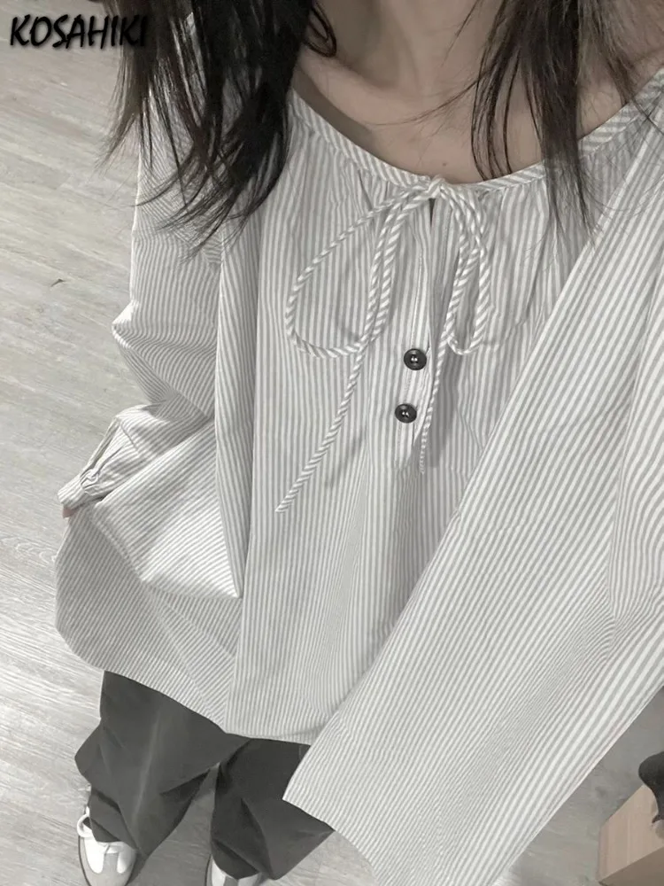 Autumn Sweet Vertical Stripe Women Blouse Long Sleeve All Match Y2k Aesthetic Blusas Kawaii Fashion Bow Japanese Loose Lady Top