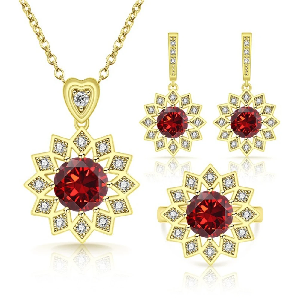 Exquisite 925 sterling silver flower gold jewelry set - ring, earrings, necklace. Women's accessory. 2