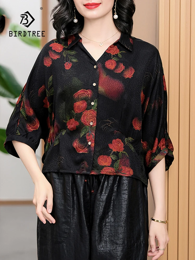 

BirdTree, 100%Real Silk Watered Gauze Retro Shirts, Women Half Sleeve Flower Printed, Mom Loose Blouse, 2024 Summer New T44492QC