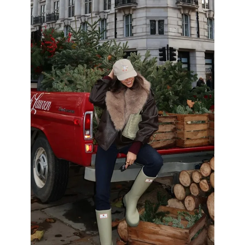 Retro Fur Collar Leather Jacket Women Detachable Lapel Thick Full Sleeve Double Breast Bomber Coat Winter Street Outerwear