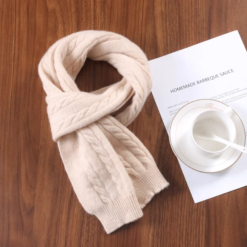 

Женский шарф из 100% шерсти, зимний вязаный однотонный узкий длинный платок, универсальный витой цветочный дизайн, модный утеплитель для шеи 22x160 см