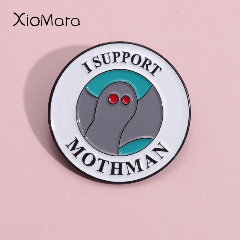 I Support Mothman Enamel Pins Custom Red Eyes Horror Demon Bat Brooches Lapel Badges Halloween Jewelry Gift For Kids Friend