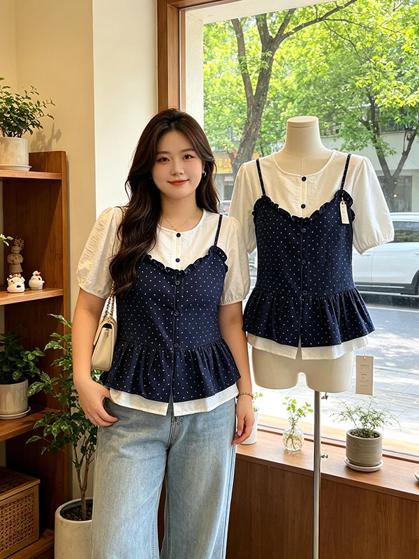 

Sweet Short Sleeve Shirt Women's Patchwork Blouse Summer Trendy Bubble Sleeve Ruffle Hem Korean Style Commute Style Regular Fit