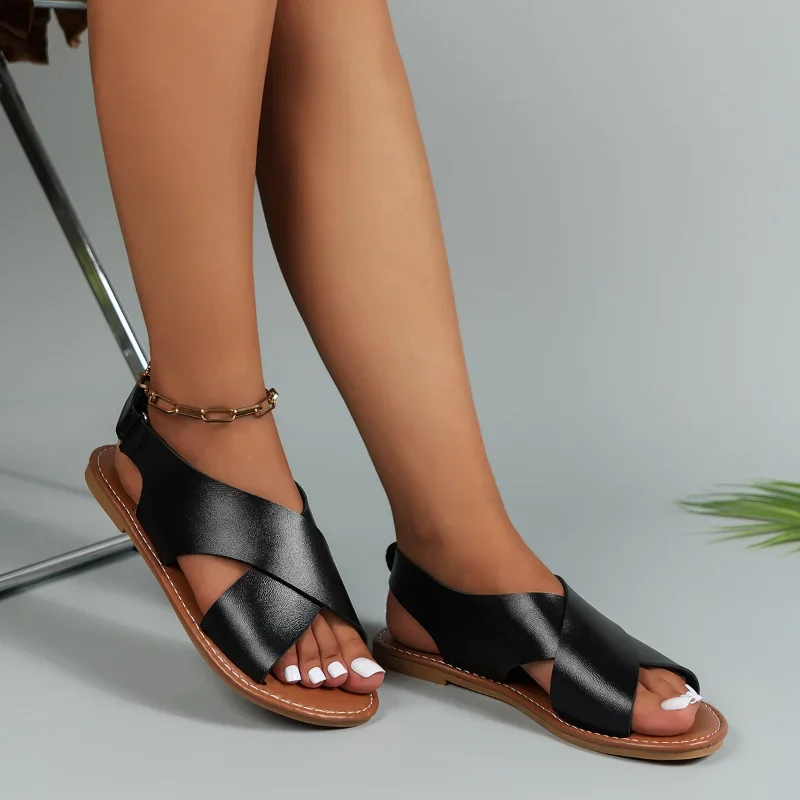 Women Sandals New Summer Buckle Strap Roman Flat Shoes Women Beach Solid Back Strap Peep Toe Sandals Ladies