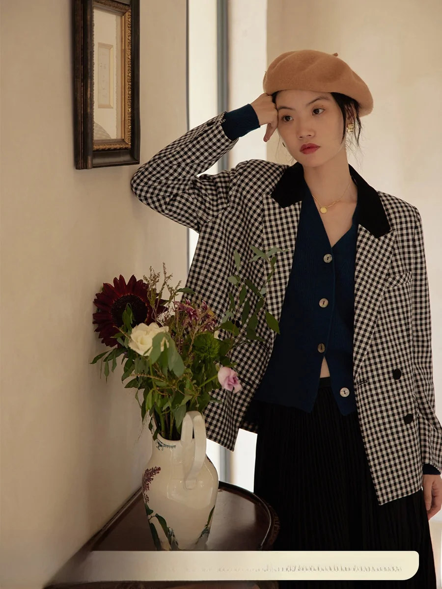 

Solighter Retro Plaid Woolen Suit Jaet Waist-Cinching Patchwork Collar Ele Sle Long Sve Busin Casual Women's Coat