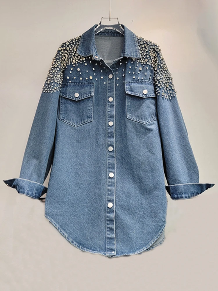 DEAT Women's Denim Blouse Full Diamonds Single Breasted Long Sleeve Double Pockets Female Coat 2025 Spring New Fashion 29L7920