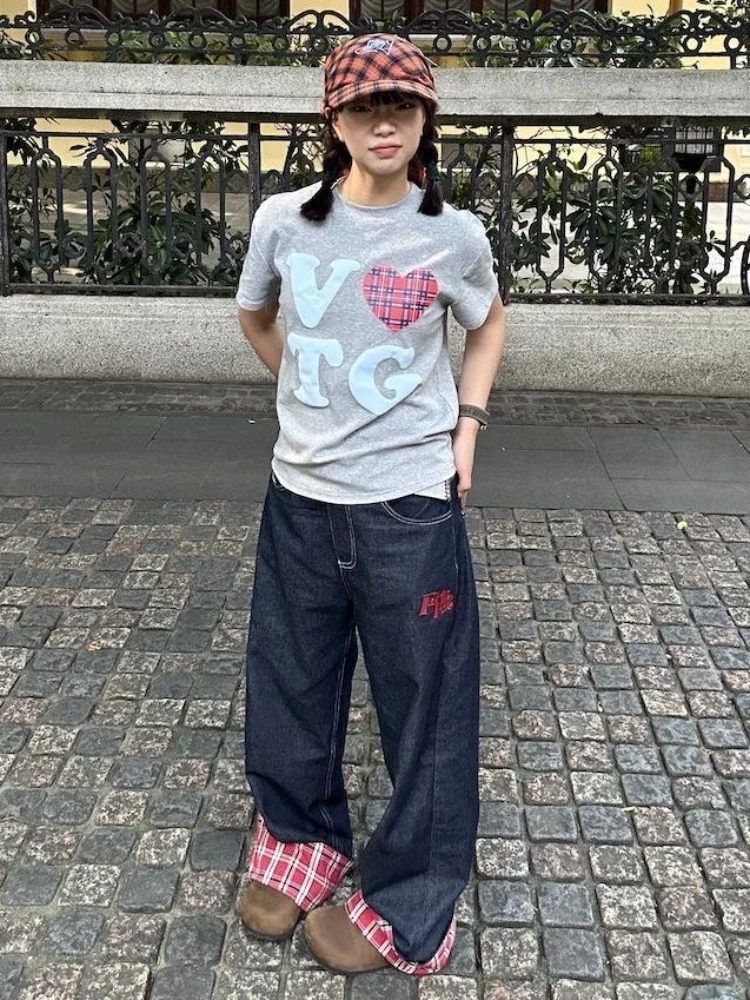 ADAgirl Baggy Plaid Jeans Pants Women Retro Harajuku Letter Embroidery Korean Straight Wide Leg Denim Trousers Y2k HipHop Casual