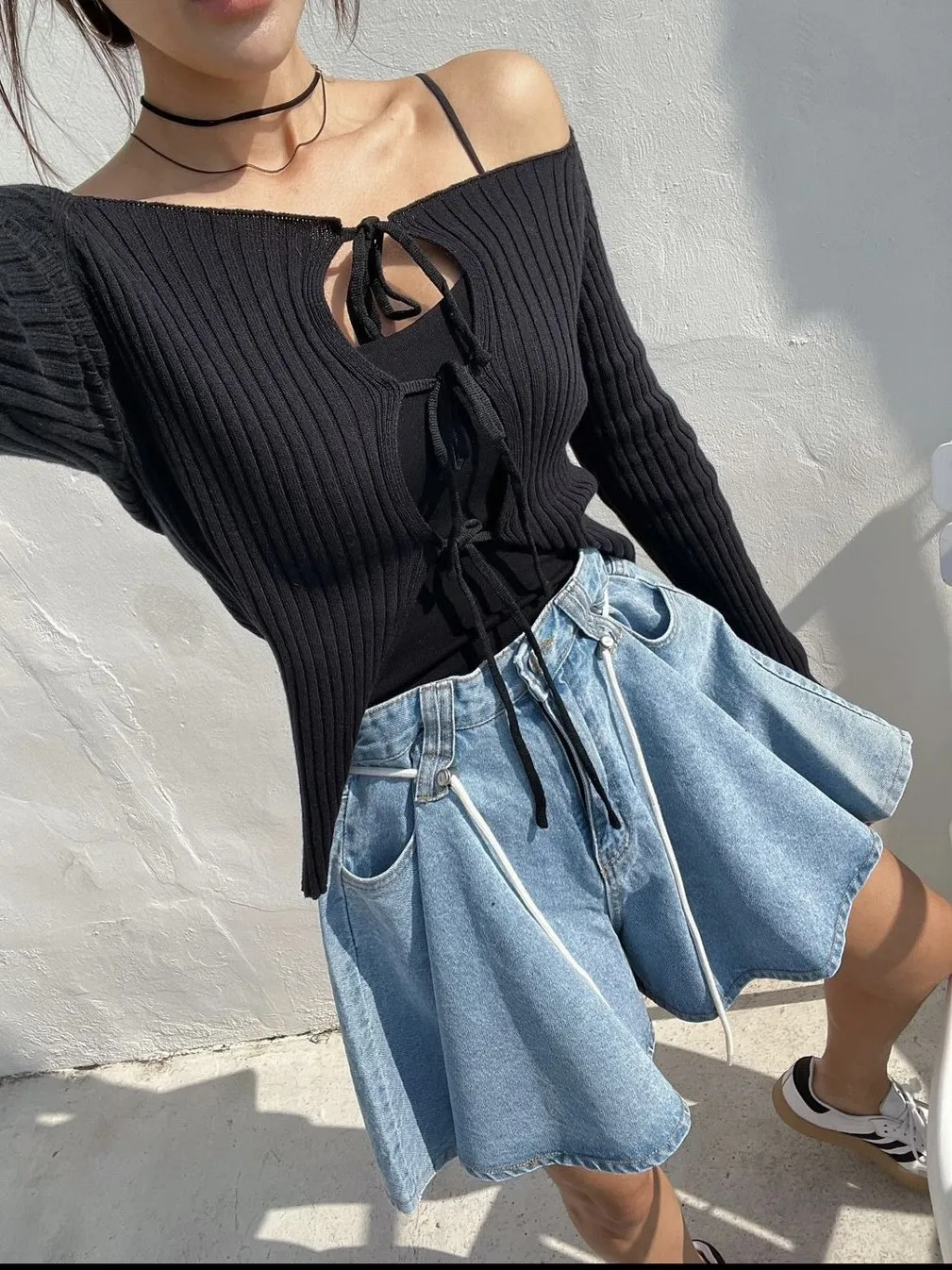 Jeans de Mezclilla Anchos de Pierna Ancha con do Retro para Mujer, Cintura con Cordón, Hoados, Ajustados, con Dobladill...