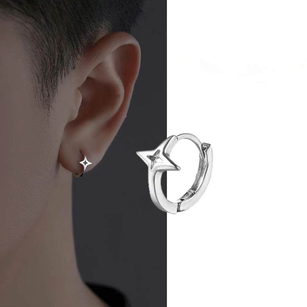 Fashion Personality 925 Sterling Silver Hollowed-out Four-pointed Star Hoop Earrings for Women Men Minimalist Piercing Jewelry
