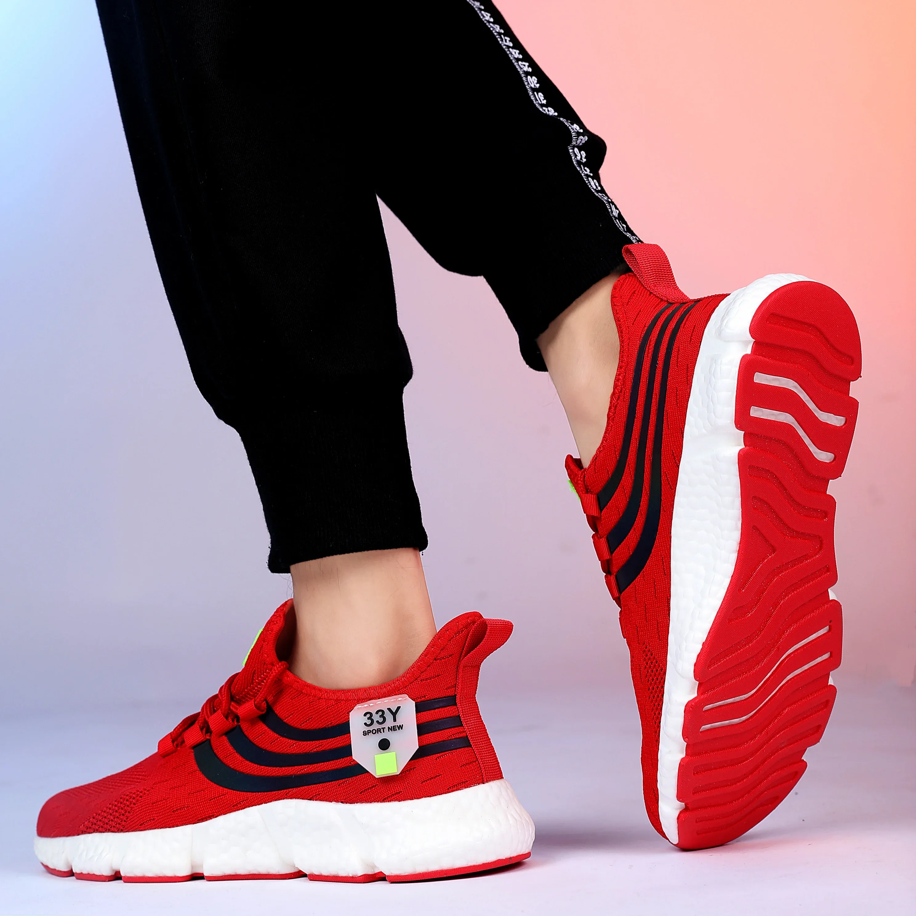 Men's Breathable Knitted Running Shoes Striped Fashion Design Lightweight Shoes Outdoor Exercise Jogging Training Sports Shoes