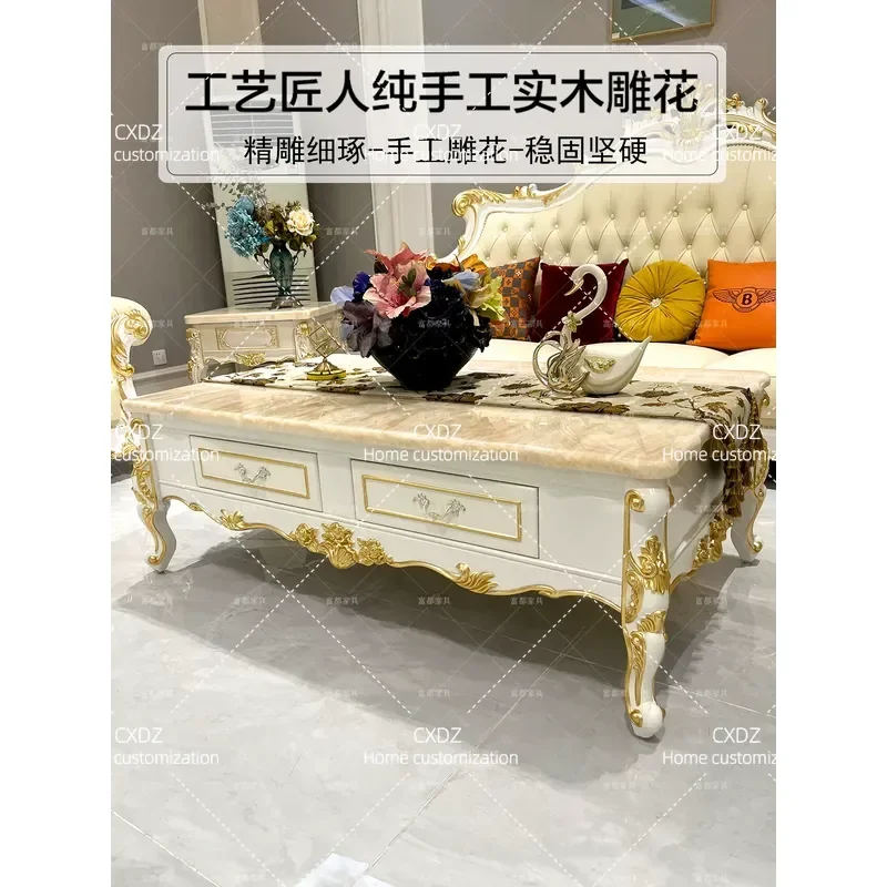 Marble Coffee Table and TV Cabinet Combo Solid Wood Ivory White Simple Living Room Furniture for Small Apartments
