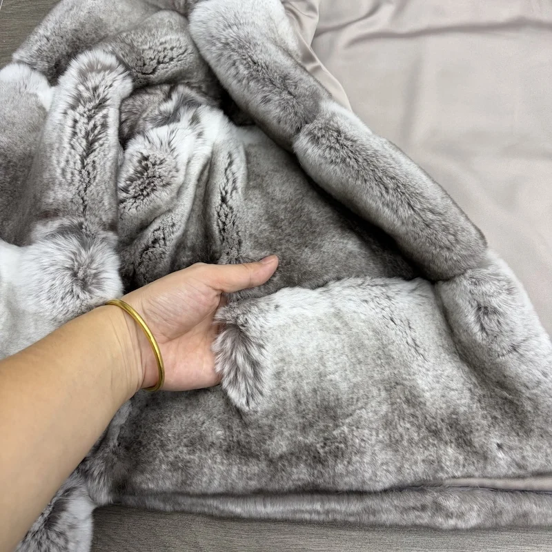 Women Real Rex Rabbit Fur Coat Stand Collar Short Jacket Chinchilla‑Look Pattern Horizontal Stripe Winter Warm Female Coat