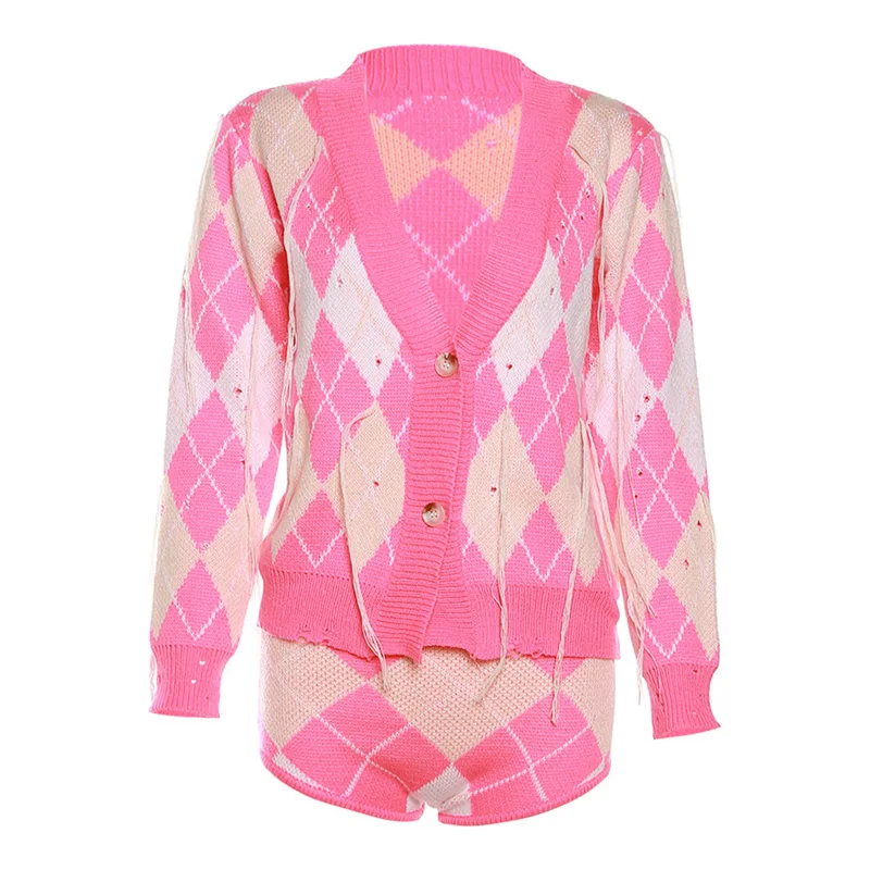 Rhombus Contrast Color Tassel Two Piece Set for Women 2023 Autumn New Fashion V-neck Sweater Coat High Waist Slim Fit Shorts