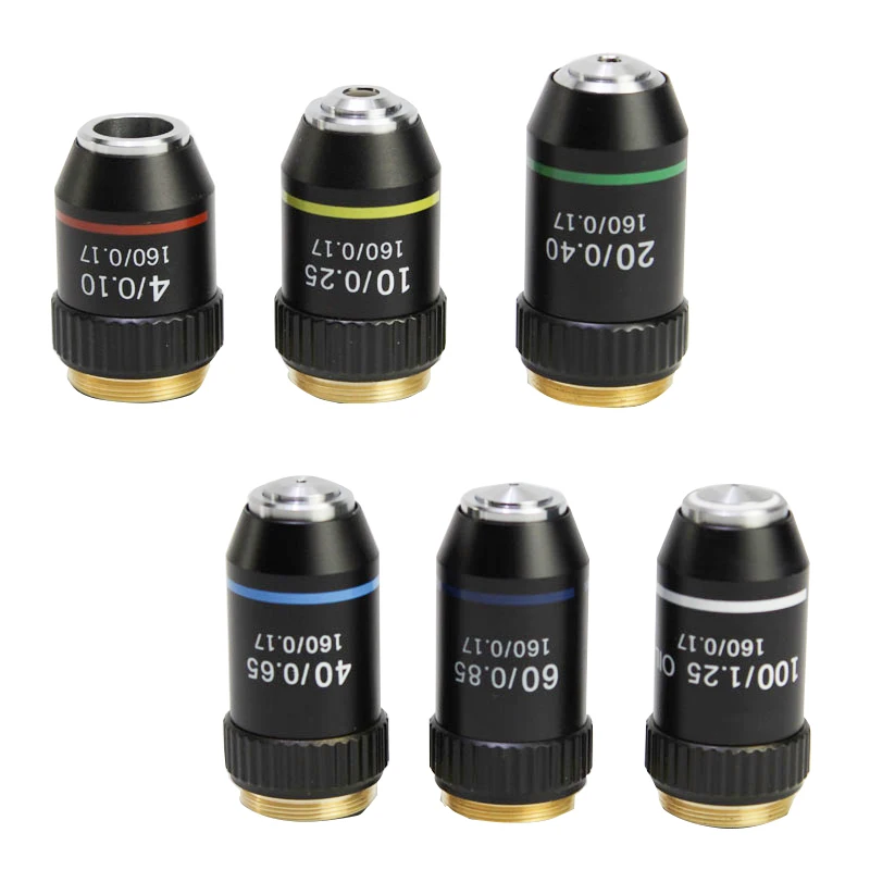 Objectif de microscope achromatique 4X-100X, longueur de tube 195 mm, filetage RMS 20,2 mm pour la recherche en laboratoire biologique, vente chaude