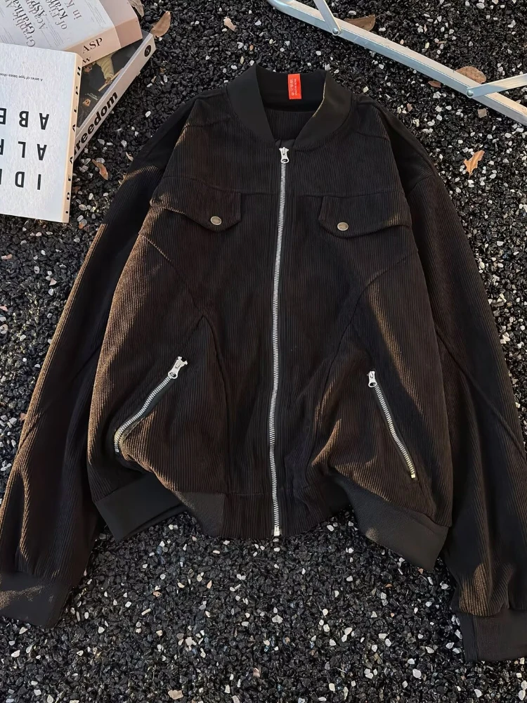 

Мужская куртка, винтажная уличная одежда, черная вельветовая бейсбольная куртка High Street, ретро, дизайн на молнии, свободный крой, воротник-стойка, модная новинка