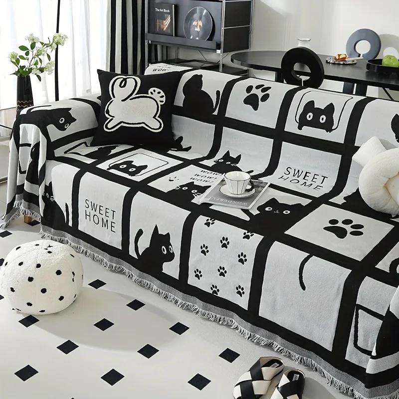 1pc Cute Cat Pattern Chenille Material Sofa Throw, Suitable for All Seasons, Anti-Slip And, Comfortable And Breathable, Pet Frie