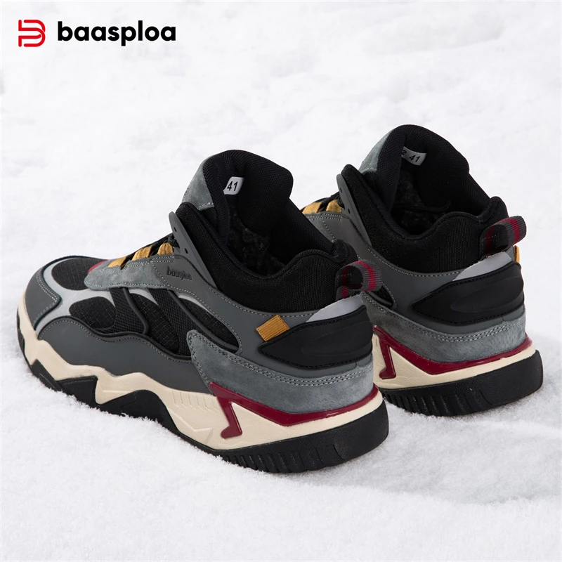 Baasploa New Men Sneakers Winter Casual Outdoor Waterproof Leather Lace up Shoes Male Fashion Plush Warm Non-Slip Sports Shoes