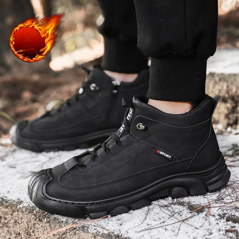 Thickened Fleece Lined Men's Winter Cotton Shoes Leather Patchwork Outdoor High Top Leather Fur Integrated Snow Boots Zapatillas