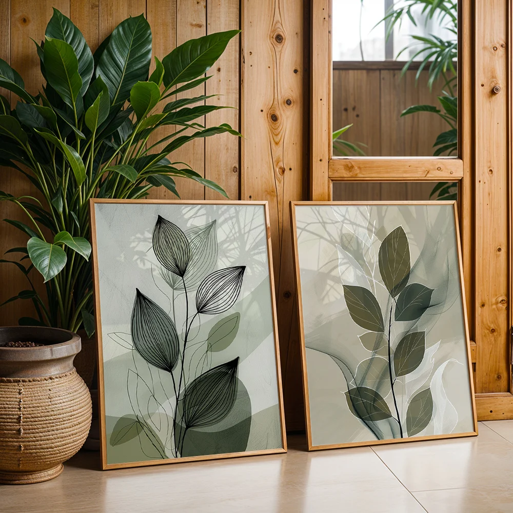 3Pcs Morandi Green Line Leaf Canvas Wall Decor Painting, Simple Home Decoration For Bedroom Living Room 2D Printed Art