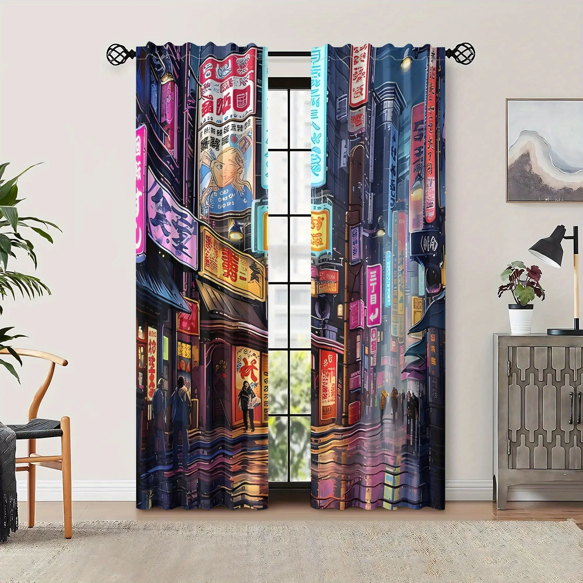 2pcs Cyberpunk City Curtains Neon Street Window Drapes Anime Style Bedroom Decor Modern Art Drape