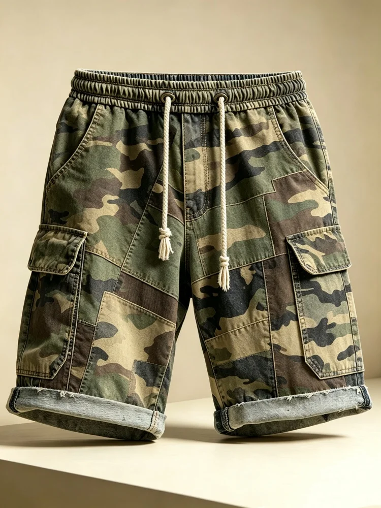 Men Vintage Camouflage Utility Cargo Shorts Washed Faux Denim Elastic Drawstring Waist Loose Casual Five-point Shorts