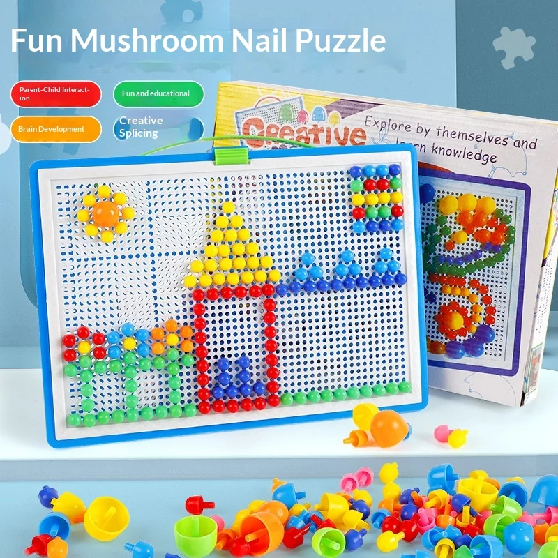 ตัวต่อเล็บรูปเห็ดสำหรับเด็ก กระดานจิ๊กซอว์โมเสกหลากสี ของเล่นเสริมพัฒนาการ ฝึกสมอง ของเล่นสำหรับเด็กและผู้ปกครอง ปลอดภัย ทนทานต่อการซีดจาง