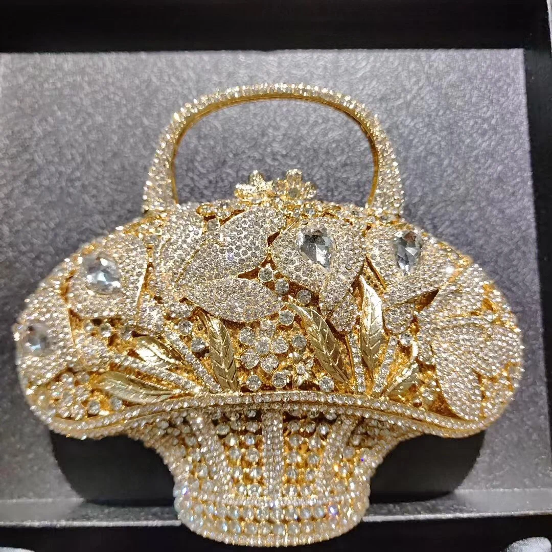 Flower Basket Diamond Dinner Bag Metal Hollow Hand-Held Rhinestone Women\'s Bag Banquet Clutch Purse Crystal Vintage Handbags
