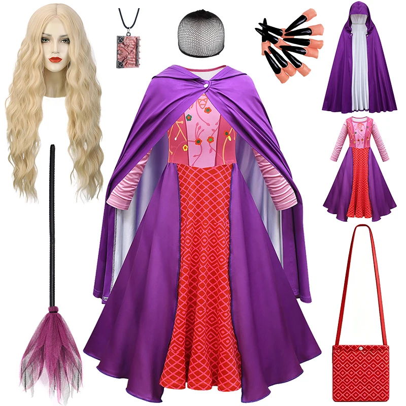 Sanderson Sister Mary Witch Kids Clothes Halloween Cosplay Masquerade Performance Children's Costume Carnival Party Girl Dress
