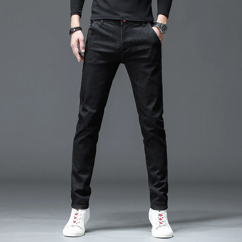 Solid Color Cotton Black Dark Gray Jeans Men's Trousers Classic Slim Stretch Casual Korean Fashion Youth Male Denim Trousers