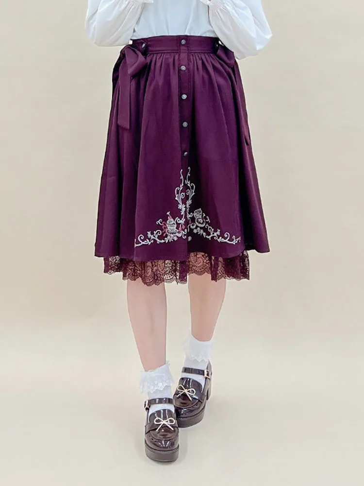 

Sweet Embroidered Belted Button Decor Pure Color f Skirt AXESFEMME Japanese Sle Dert CakeInspired A-Line Midi Skirt