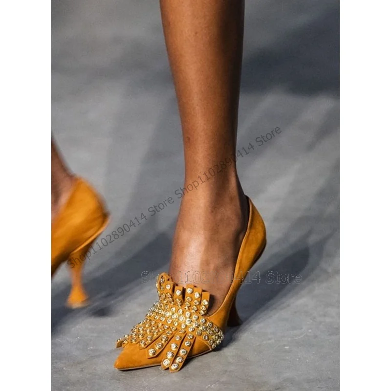 

Yellow Rivets Tassels Decor Pointed Toe Pumps Slip On Women Shoes Thin High Heels Novel Fashion Runway 2023 Zapatos Para Mujere