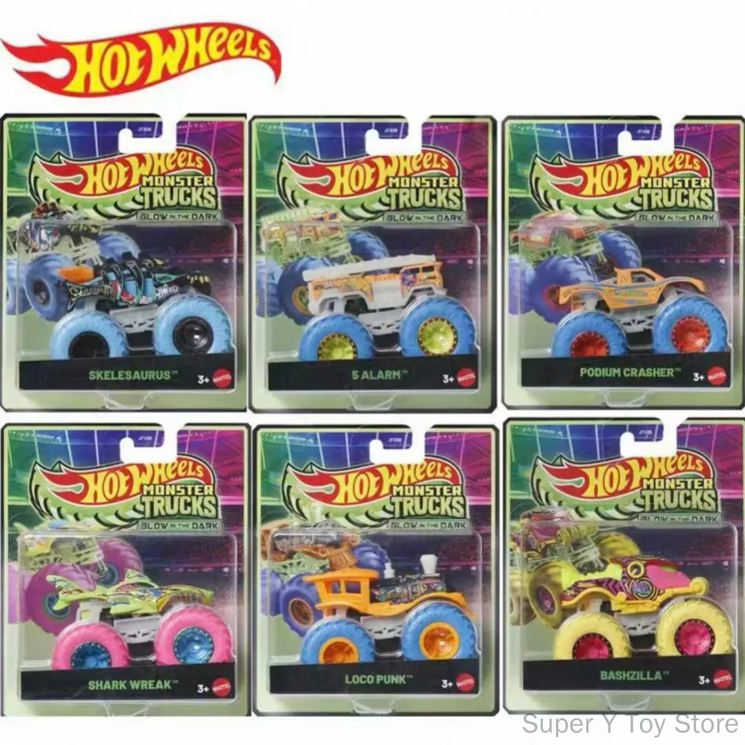 Hot Wheels Monster Trucks Jfx08 5 Alarm Glow In The Dark Diecast Model Collectible Toy Truck Big Off Road Tires Hobby Vehicle
