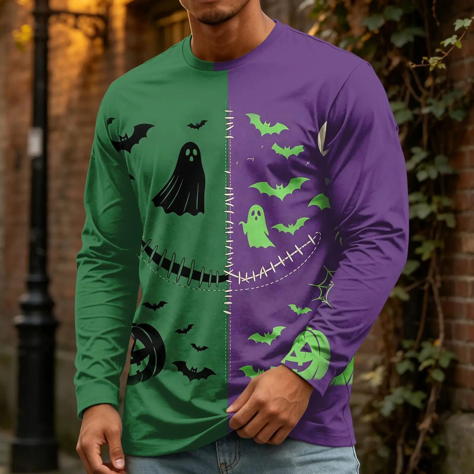 Men Halloween Split Color Print Long Sleeve Tee Ghost Pumpkin Bat Spider Web Crew Neck Casual Streetwear Party Costume Top